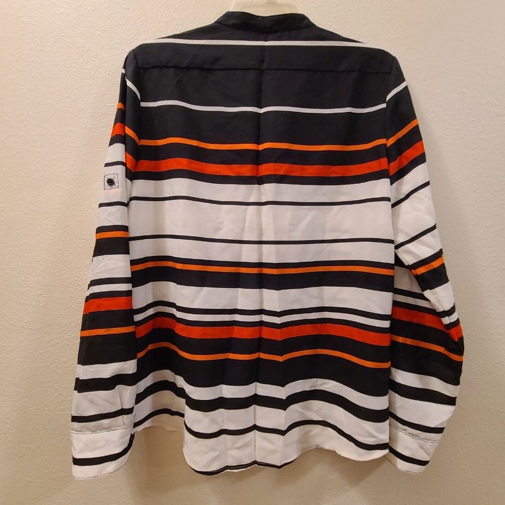 Calvin Klein Blouse Top Black White Pink Orange Stripe Women Size Small Roll-Tab - Picture 6 of 8